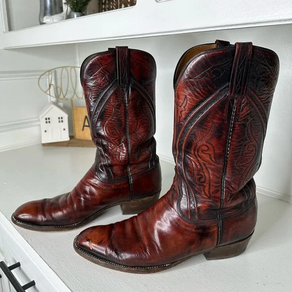 Vintage Lucchese Men’s 12B Cowboy Boots Brown Burgundy Handmade Leather Western - Picture 1 of 11
